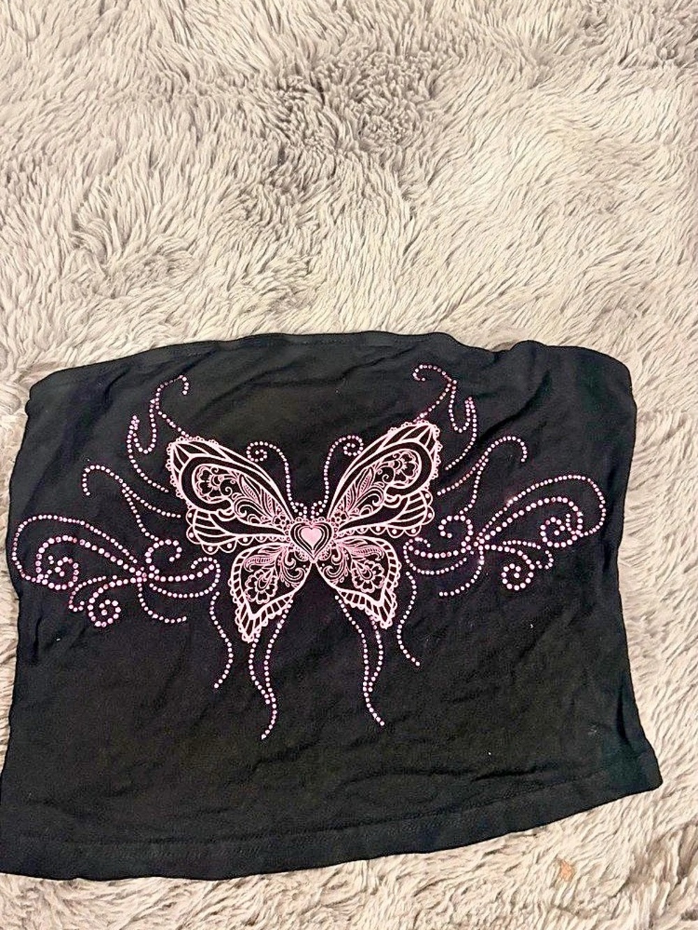 Shein Butterfly Rhinestone Crop Tube Top Black & Pink Size Medium